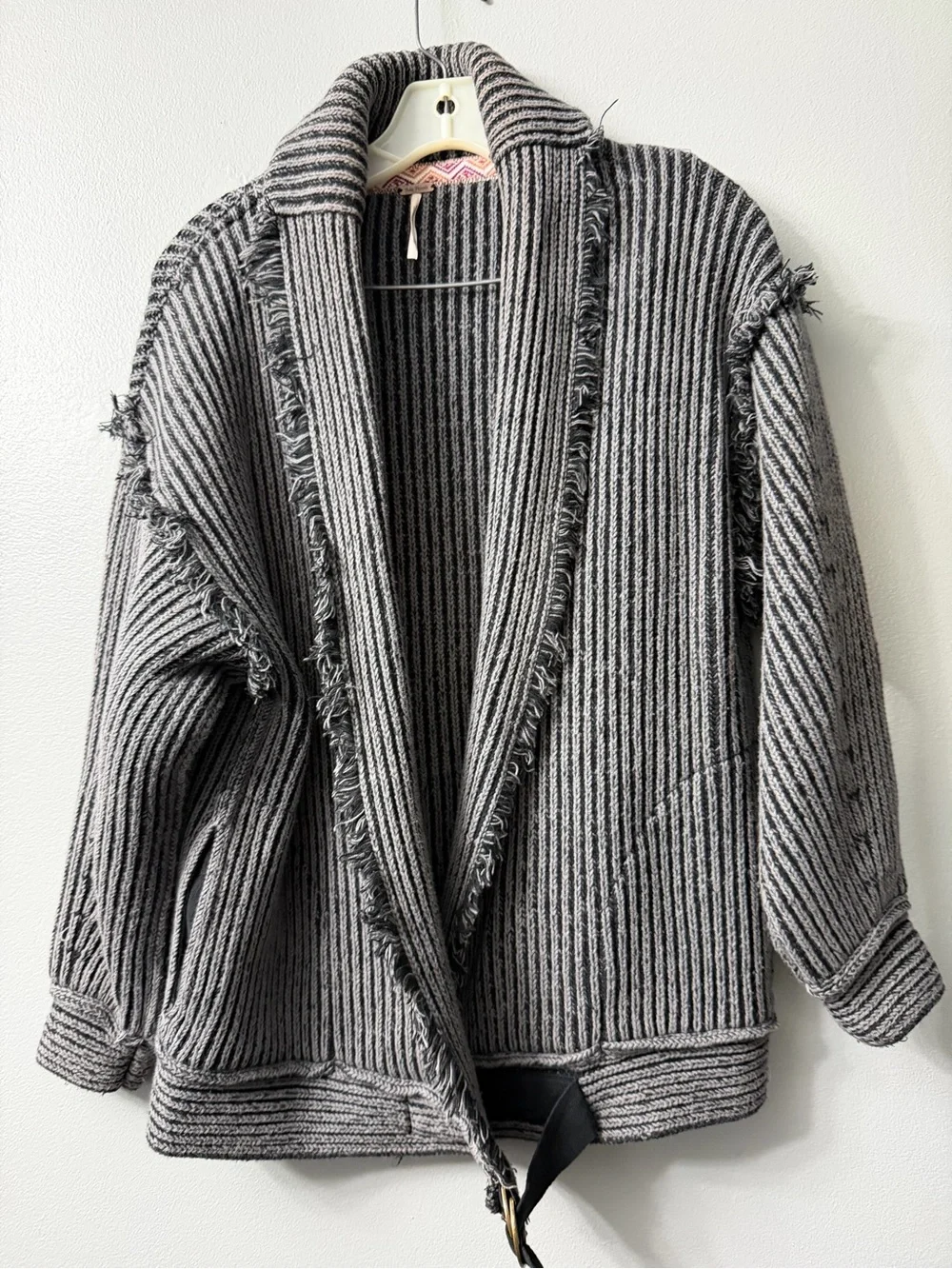 Free People Stand By Me chunky ribbed knit cardigan shawl collar with raw fringe